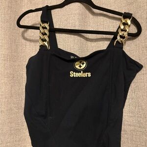 Steelers Women's Black Bodysuit with Gold Chain Straps